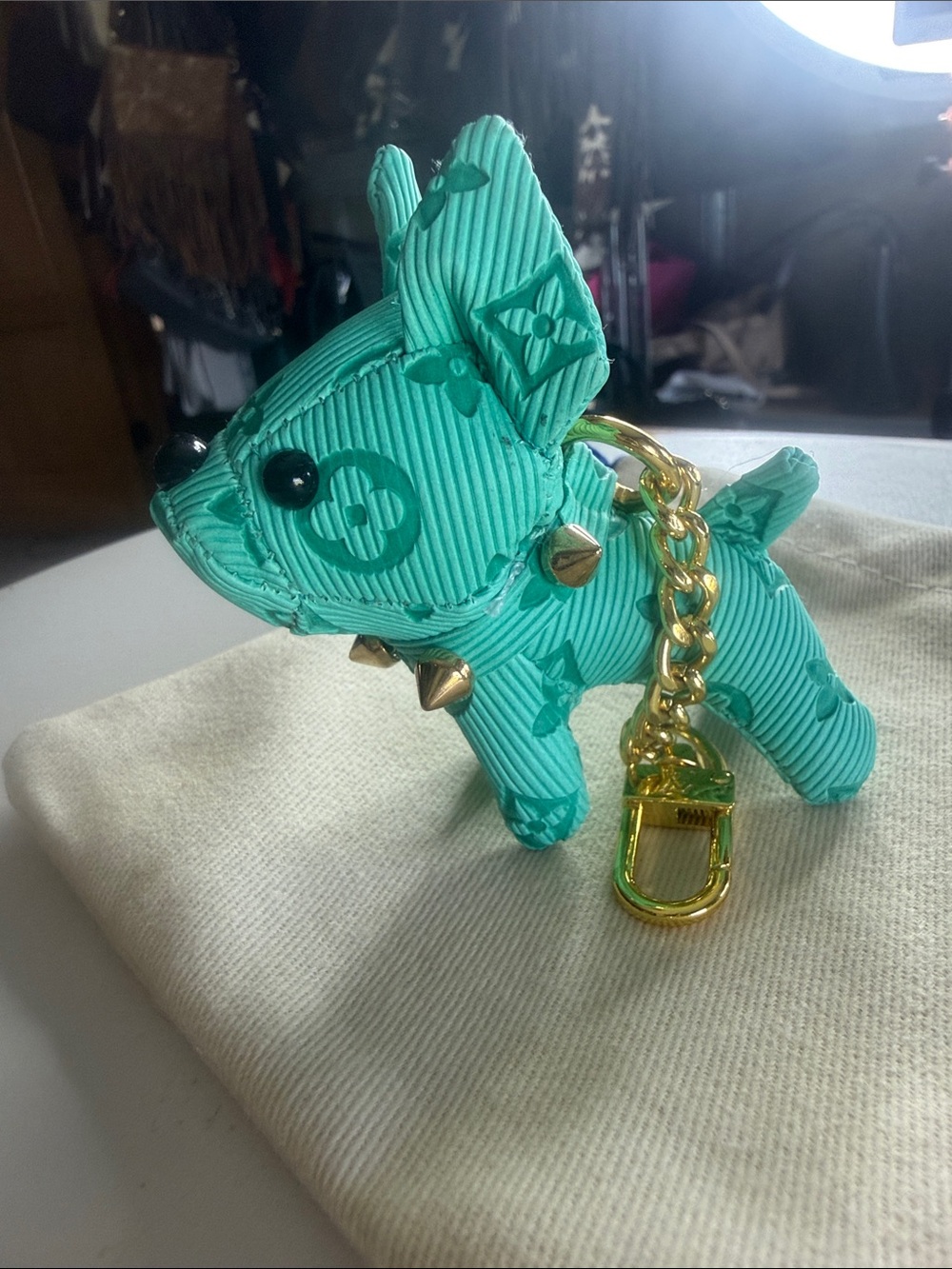 Mini Teal Puppy Keychain Charm with Gold studded collar & Chain